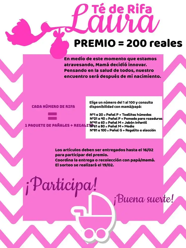 Invitación Té Rifa Cigüeña Bebé – tema Té Rifa rosa, lilás, blanco, tierno, infantil, divertido