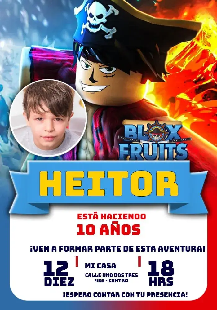 Invitación Blox Fruits Con Foto Gamer editable y personalizable