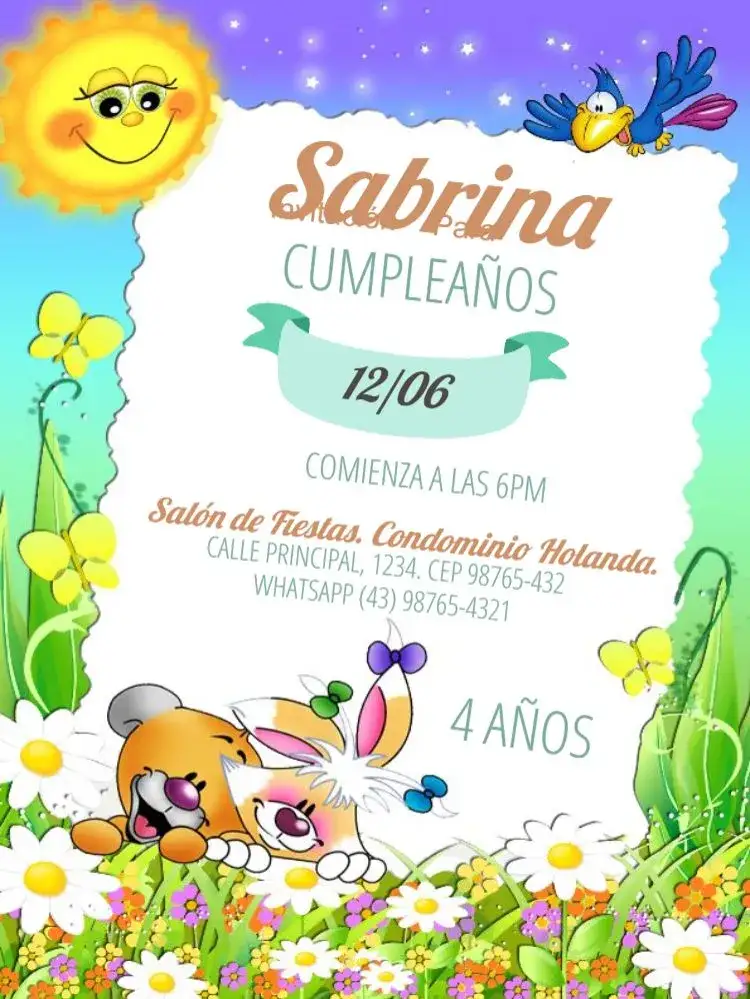 Invitación Animales Y Sol Para Editar Delicado – tema Cumpleaños Infantil colorido, lúdico, delicado, infantil, animales, rayo de sol