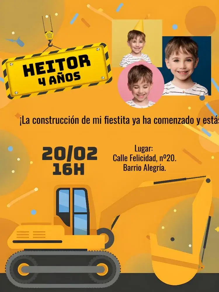 Invitación Construcción Máquina Con Foto Construcción – tema Té Rifa moderno, industrial, vibrante, gráfico, temático
