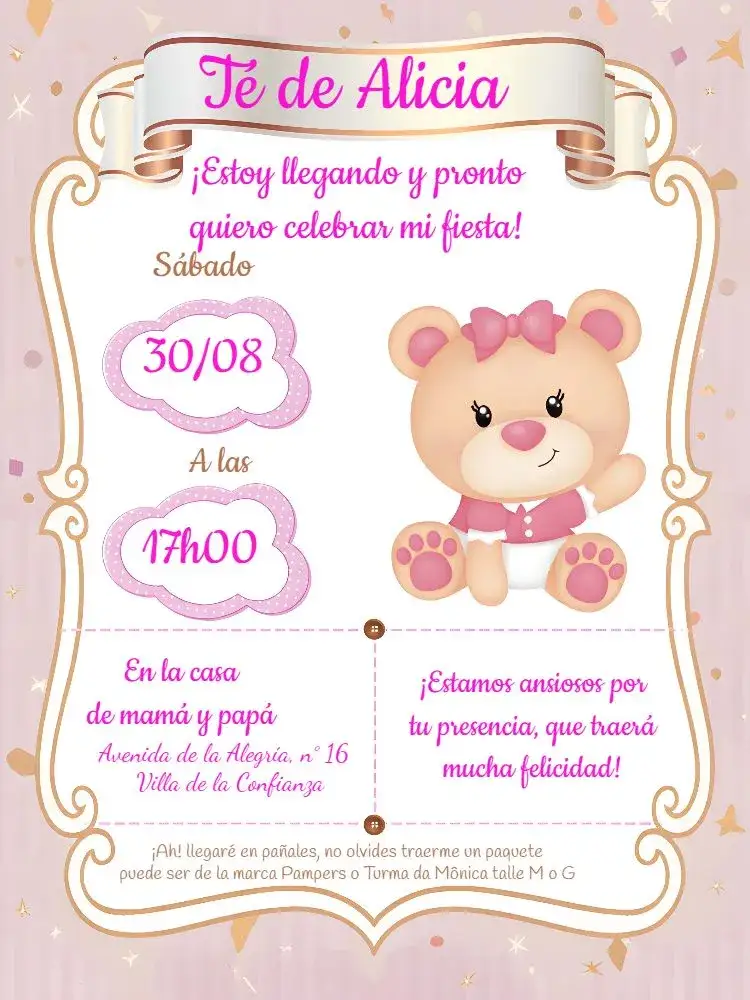 Invitación Baby Shower Osito Dorado – tema Baby Shower dorado, rosa, blanco, tierno, delicado, elegante