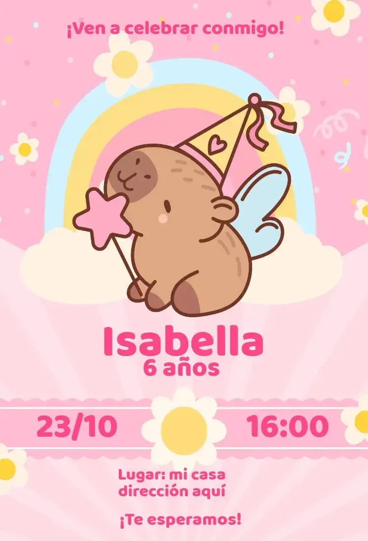 Invitación Capiavara Niña Rosa Hada – tema Cumpleaños Infantil rosa, hada, princesa, fantasía, lúdico