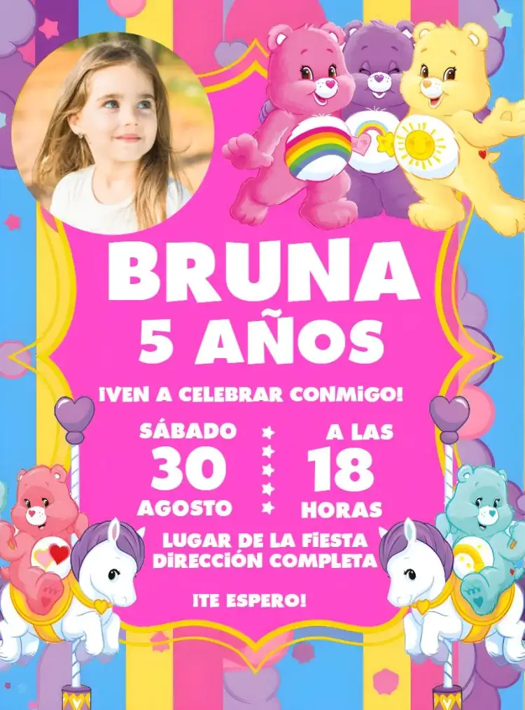 Invitación Os Ositos Cariñosos Con Foto Suerte – tema Cumpleaños Infantil colorido, divertido, animado, cariñoso, infantil, lúdico