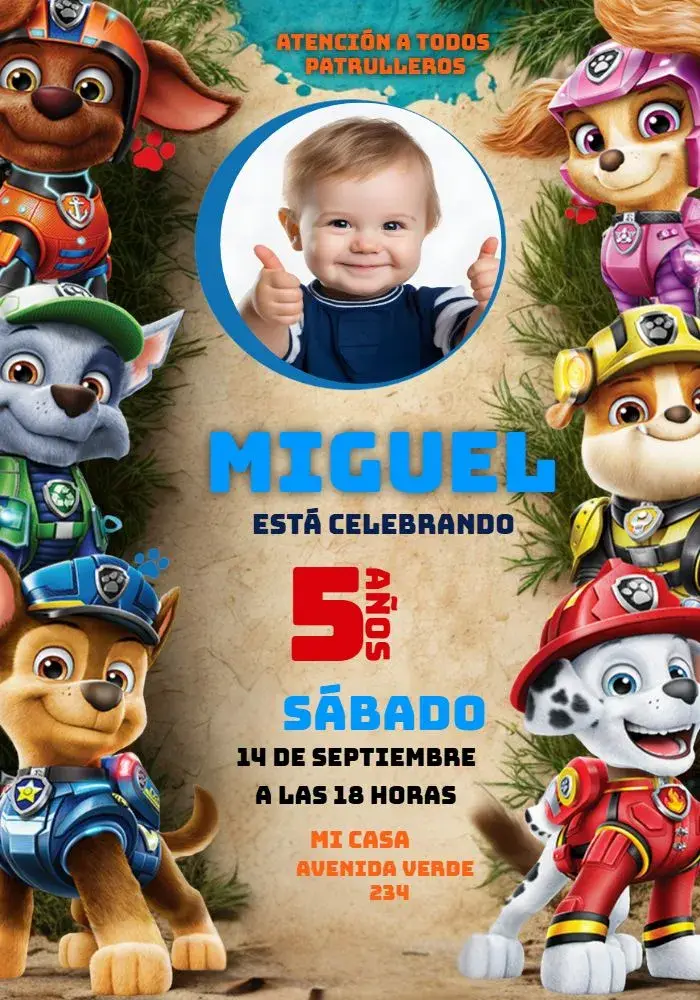 Invitación Patrulla Canina Con Foto Infantil