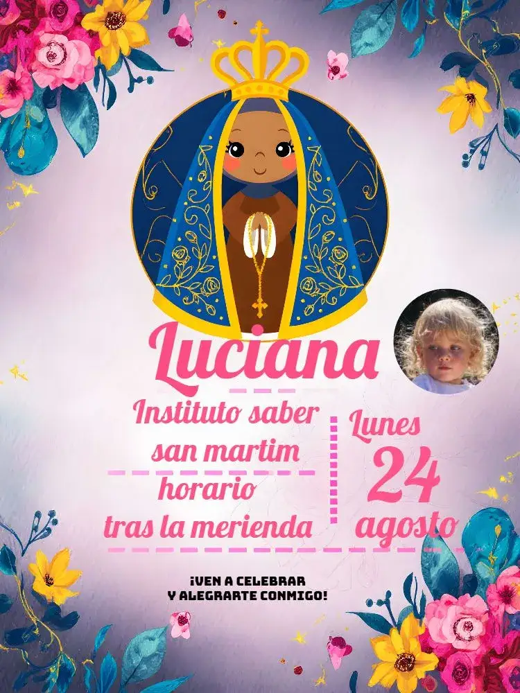 Invitación Nuestra Señora Con Foto Rosa – tema Bautismo rosa, delicado, religioso, moderno, minimalista, infantil
