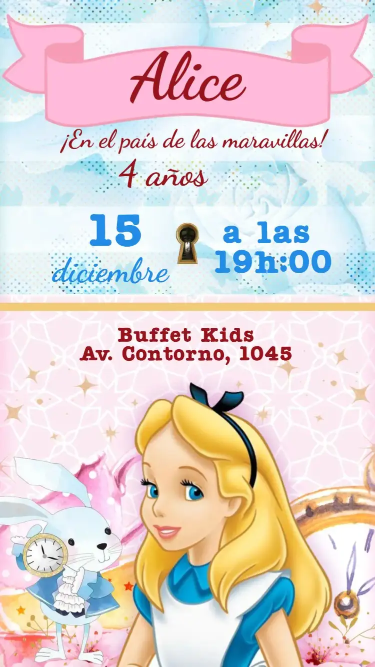 Invitación Alicia en el país de las Maravillas – tema Cumpleaños Infantil mágico, colorido, fantasía, ilustraciones lúdicas, vintage, juguetón