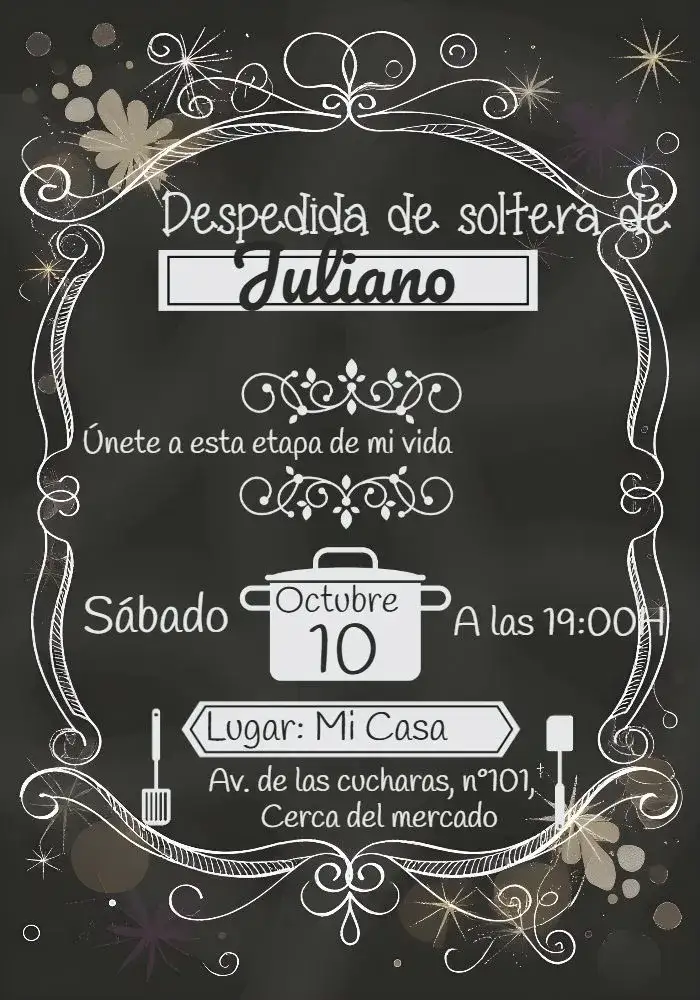 Invitación Despedida de soltera Pizarra Tiza Espátula – tema Despedida de Soltera pizarra, culinaria, minimalista, blanco y negro, moderno, divertido