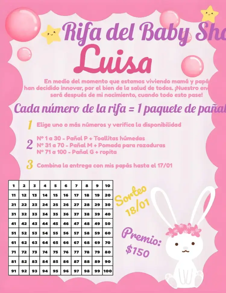 Invitación Té Rifa Conejita Cha Niña Conejito Rosa – tema Té Rifa colores pastel, lúdico, infantil, acuarela, tierno, naturaleza