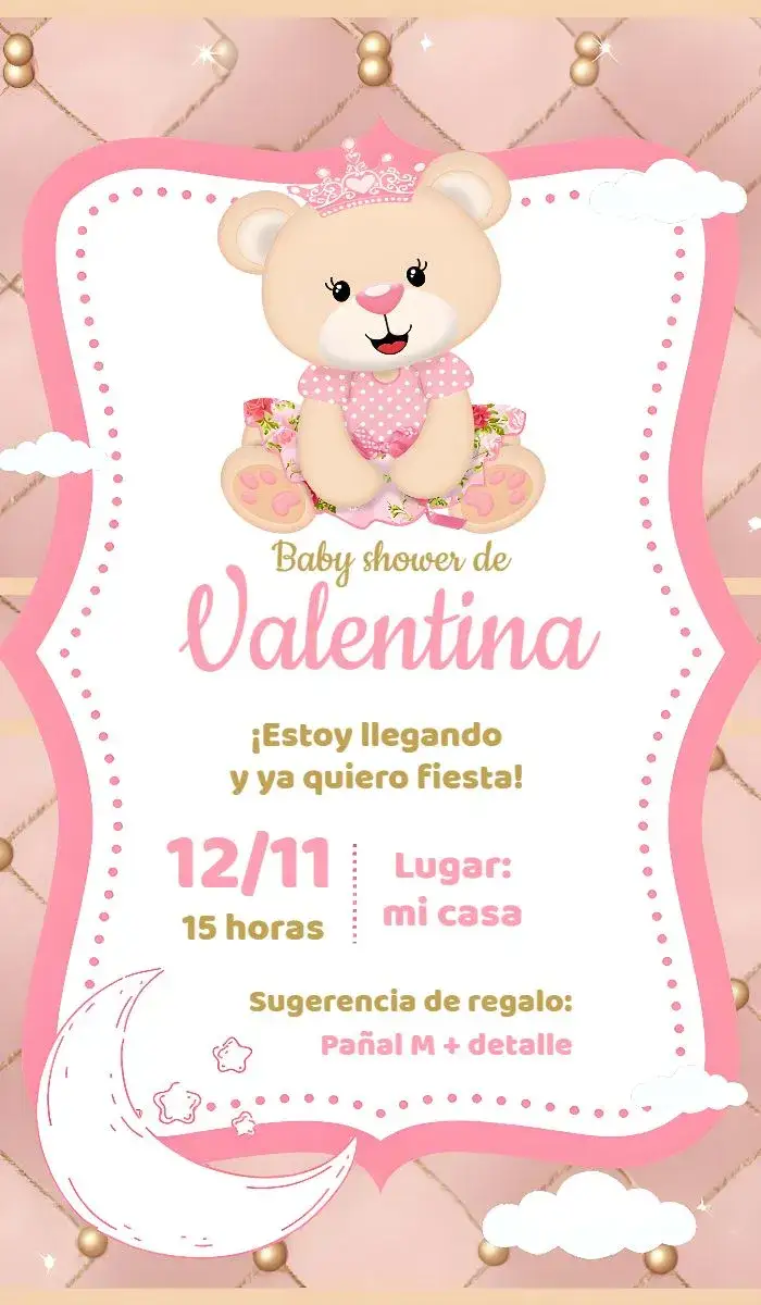 Invitación Baby Shower Princesa Oso – tema Baby Shower rosa, ositos de peluche, femenino, delicado, infantil, divertido