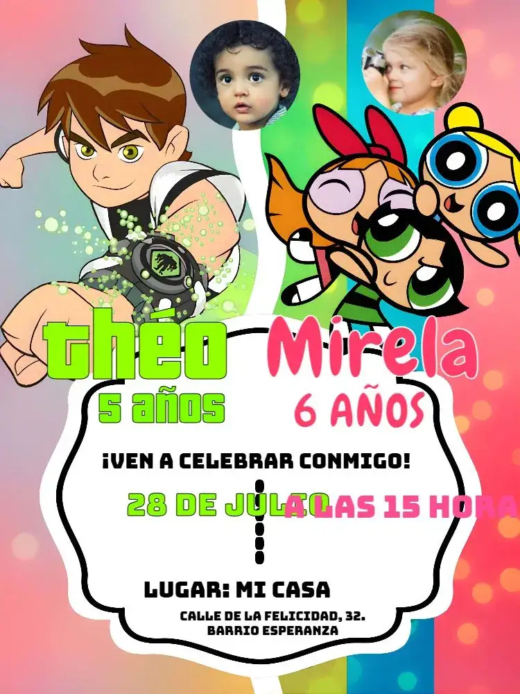 Invitación Doble Ben 10 y Las Chicas Superpoderosas Con Foto – tema Cumpleaños Infantil colorido, aventura, superhéroes, divertido, infantil, dinámico