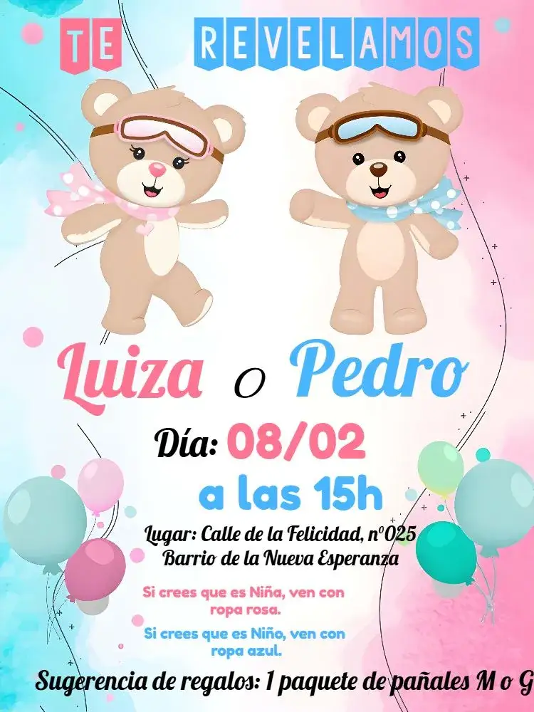 Invitación Chá de Revelación Ositos Realeza Niña – tema Revelación Bebé ositos, rosa y azul, infantil, delicado, divertido, celebración