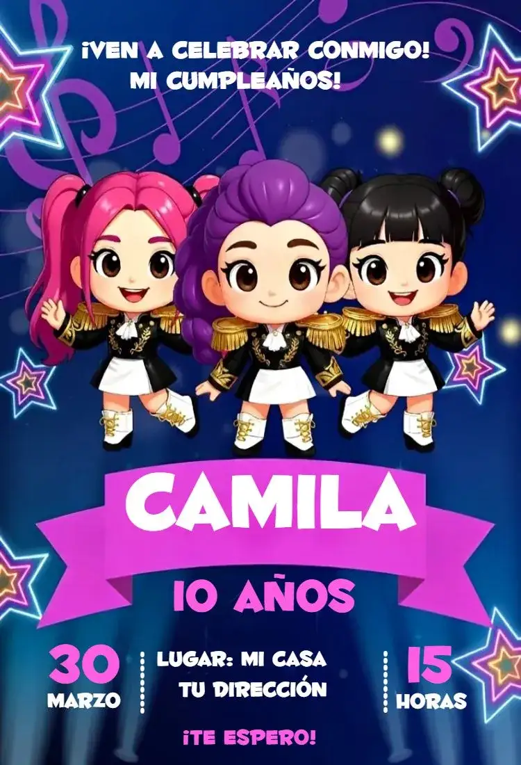 Invitación Guerreras del Kpop 21 – tema Cumpleaños colores vibrantes, estilo moderno, elementos gráficos de Kpop, ilustraciones divertidas, diseño alegre