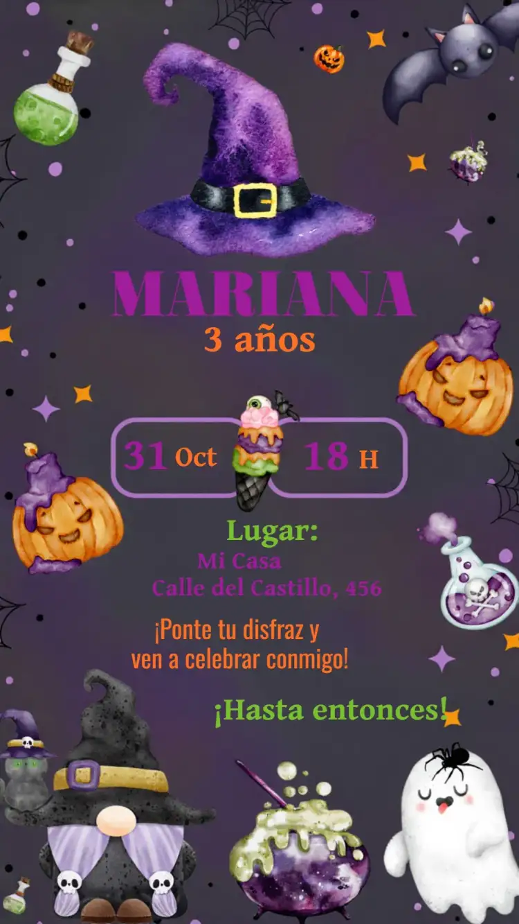 Invitación Halloween Das – tema Fechas Conmemorativas colores vibrantes, estilo lúdico, elementos gráficos de Halloween, diseño divertido, ambiente festivo, inspirado en el Día de las Brujas