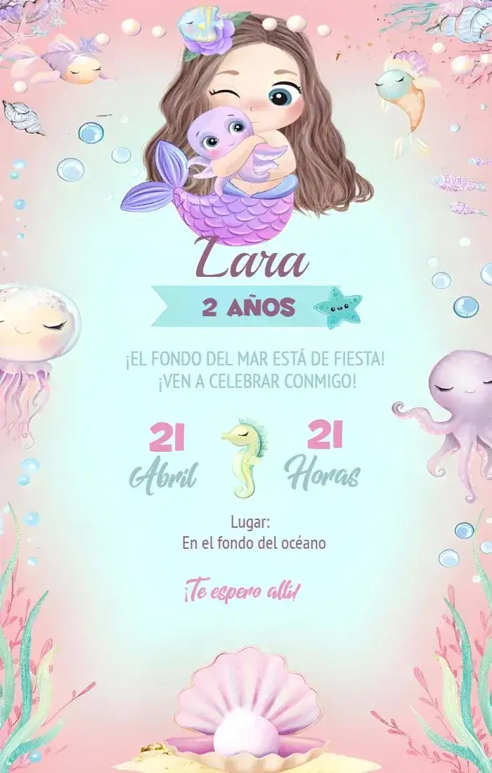 Invitación Sirena Acuarela Fondo – tema Más buscados acuarela, marino, delicado, colorido, infantil, divertido