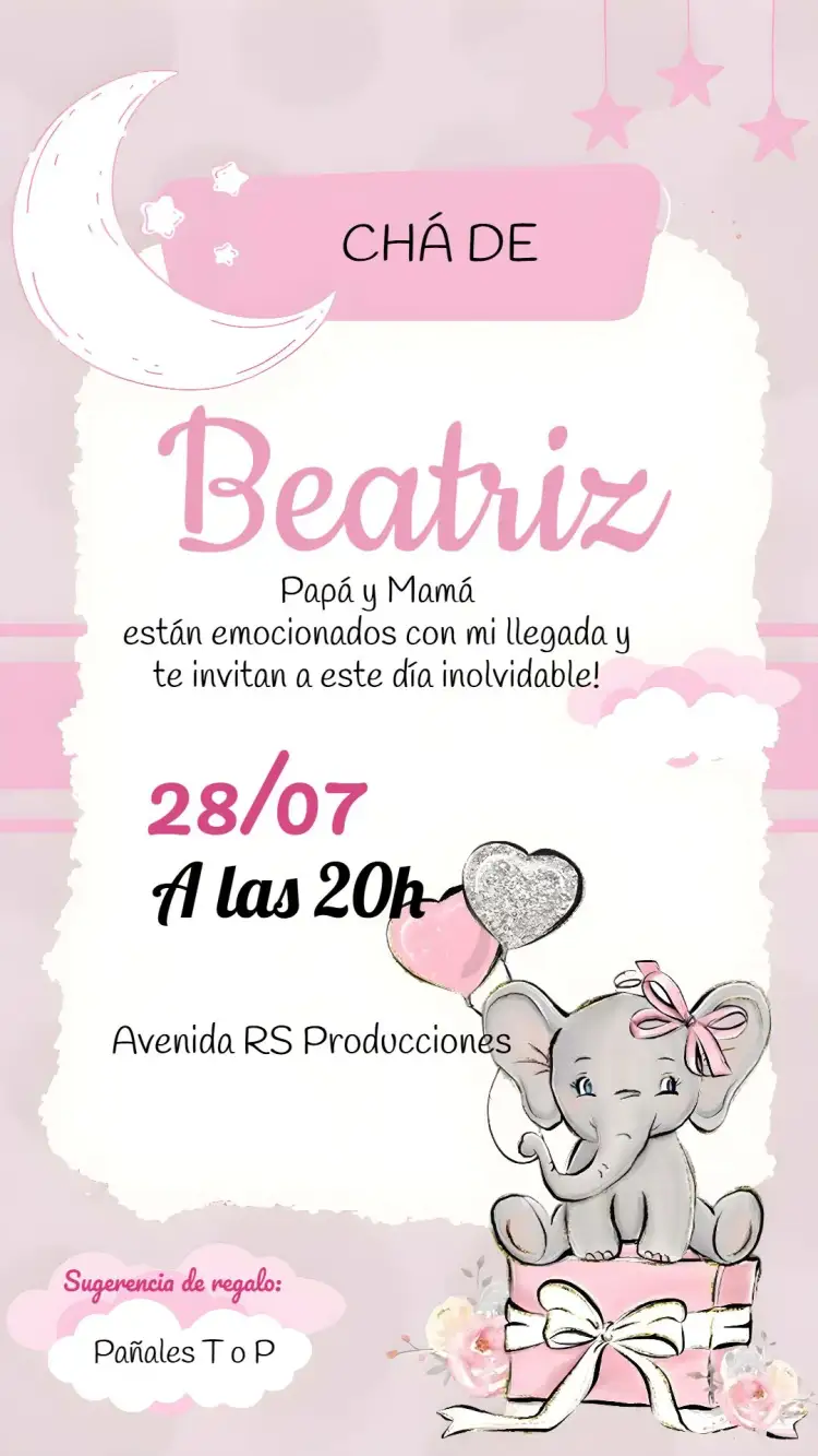 Invitación Baby Shower Elefantito Revelación – tema Revelación Bebé rosa suave, gris claro, purpurina, ilustraciones adorables, estilo minimalista, toque lúdico