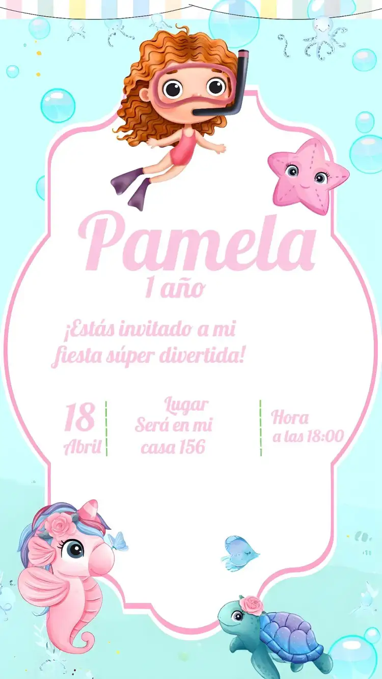 Invitación Fondo Del Mar Delicado – tema Cumpleaños Infantil acuarela, delicado, fondo marino, rosa, lúdico