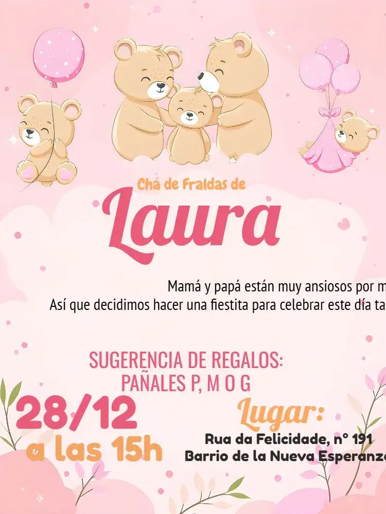 Invitación Baby Shower Osito Globero Rosa – tema Baby Shower rosa, blanco, naranja, lúdico, delicado, infantil