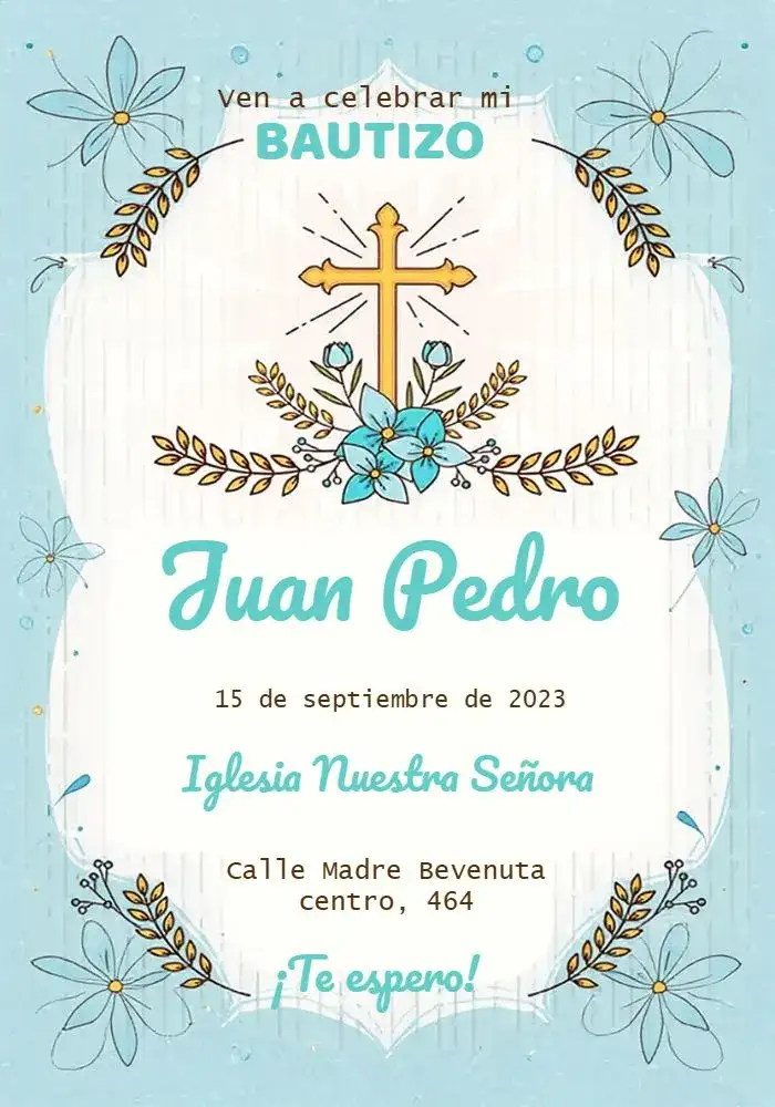 Invitación Bautizo Niño Azul Ramo – tema Bautismo azul suave, minimalista, elegante, gráficos religiosos, moderno, delicado