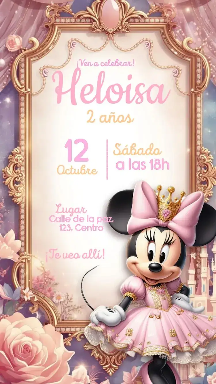 Invitación Minnie Mouse rosa – tema Más buscados rosa, dorado, floral, Disney, realeza, infantil