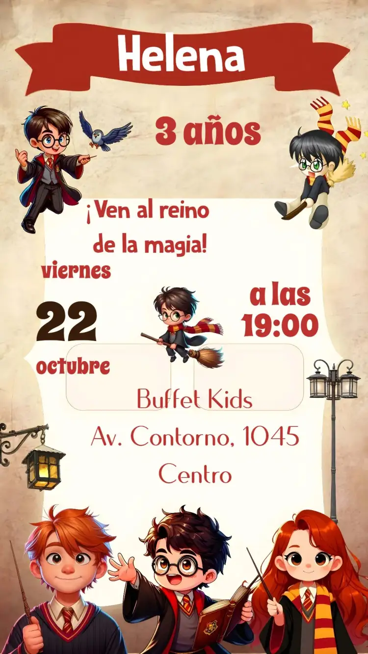 Invitación Harry Potter – tema Cumpleaños Infantil mágico, fantasía, colorido, divertido, aventura, temático