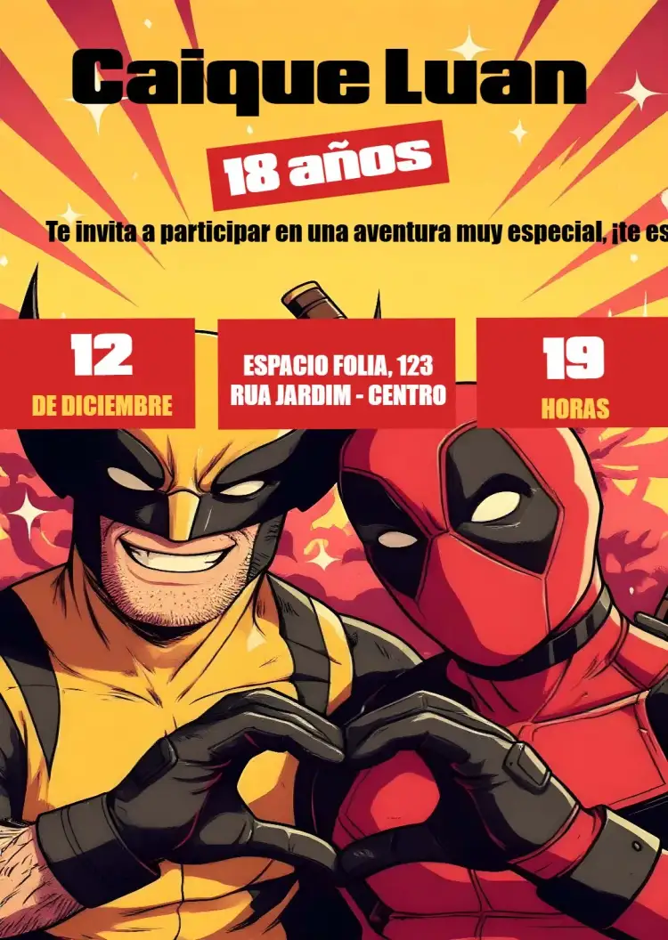 Invitación Deadpool X Wolverine Película – tema Fechas Conmemorativas vibrante, moderno, cómico, heroico, colorido