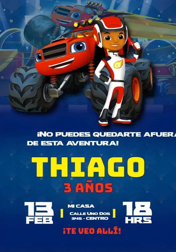 Invitación Blaze Monster Machines Coche editable y personalizable
