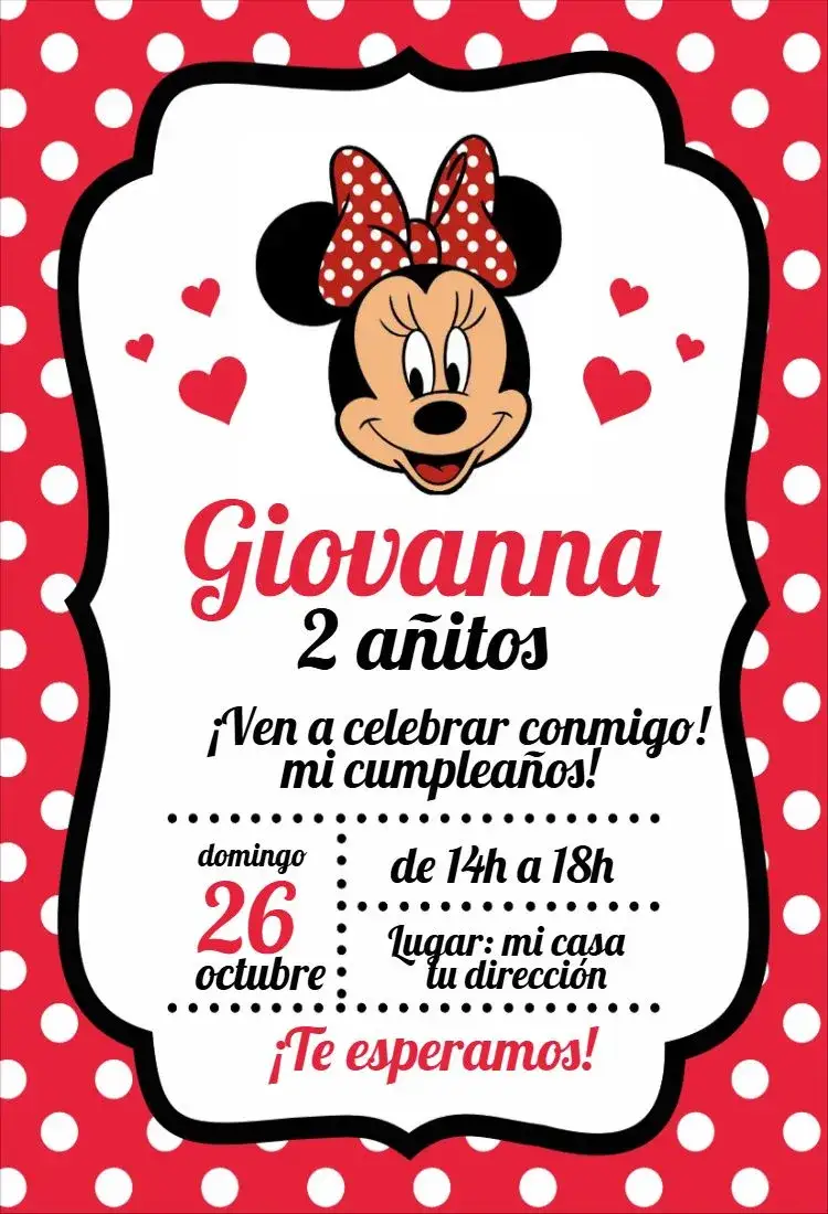 Invitación Minnie Roja – tema Cumpleaños Infantil rojo, negro, blanco, lúdico, divertido, infantil