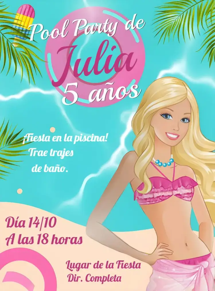 Invitación Barbie Pool Party Sunset – tema Más buscados rosa, brillantina, piscina, puesta de sol, divertido, colorido