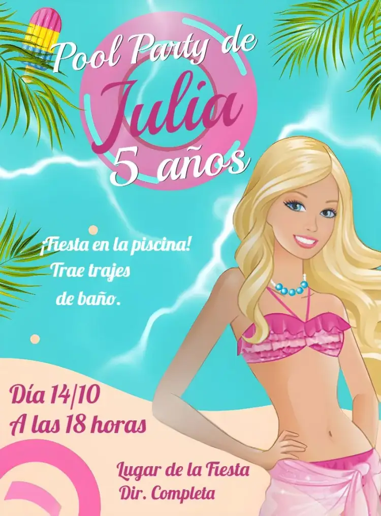Invitación Barbie Pool Party Sunset