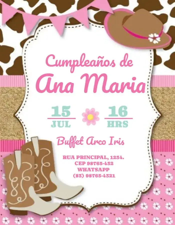 Invitación Cowboy Femenino Azul – tema Cumpleaños Infantil lúdico, floral, azul y rosa, femenino, delicado, temático