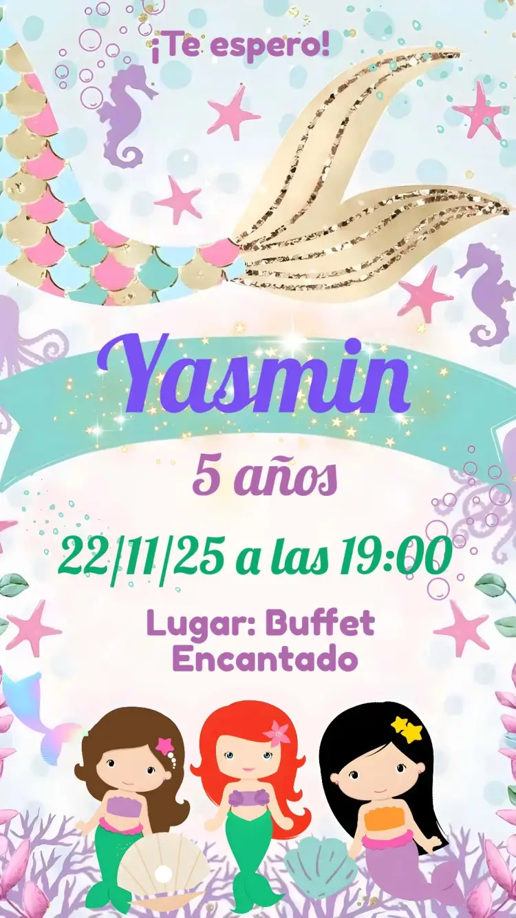 Invitación Sirena – tema Cumpleaños Infantil colores suaves, estilo lúdico, elementos marinos, ilustraciones encantadoras, paleta de acuarela, detalles brillantes