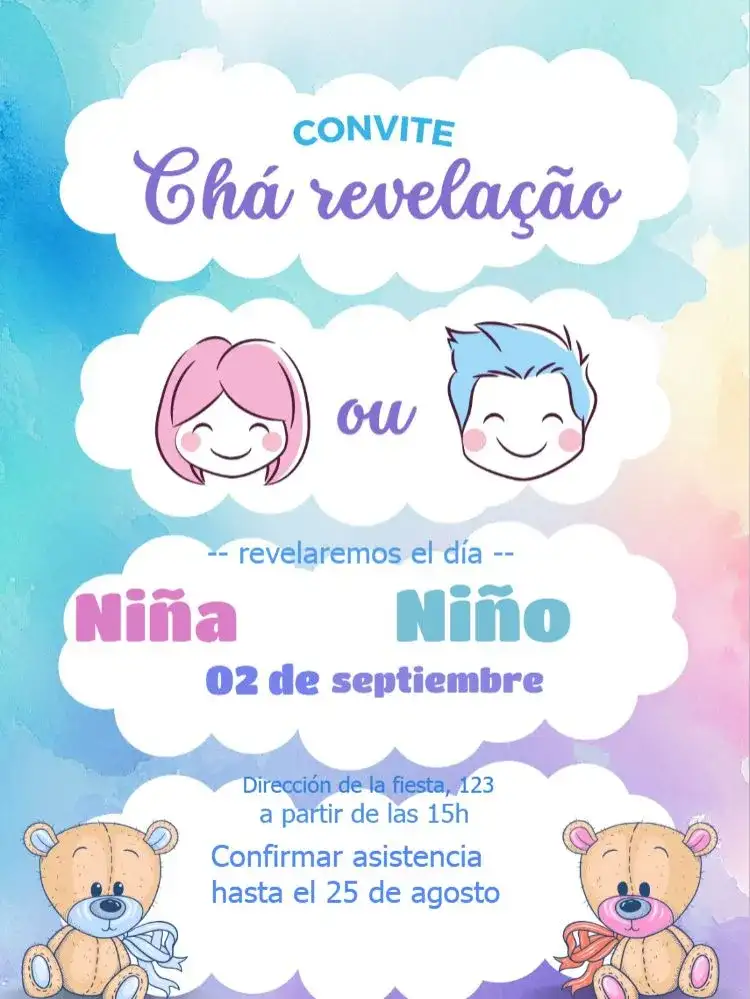 Baby Shower Revelación Ositos y Nubes Pastel