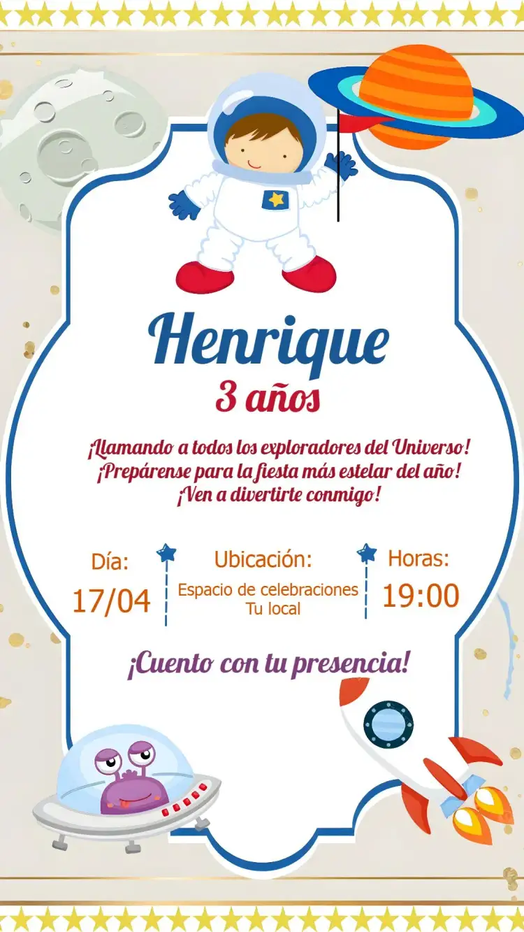 Invitación Astronauta Planetas – tema Más buscados espacial, moderno, lúdico, colorido, infantil