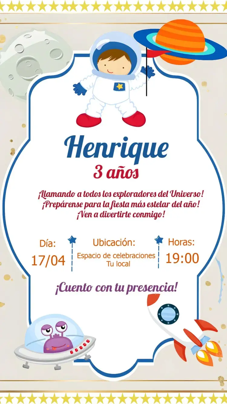 Invitación Astronauta Planetas editable y personalizable