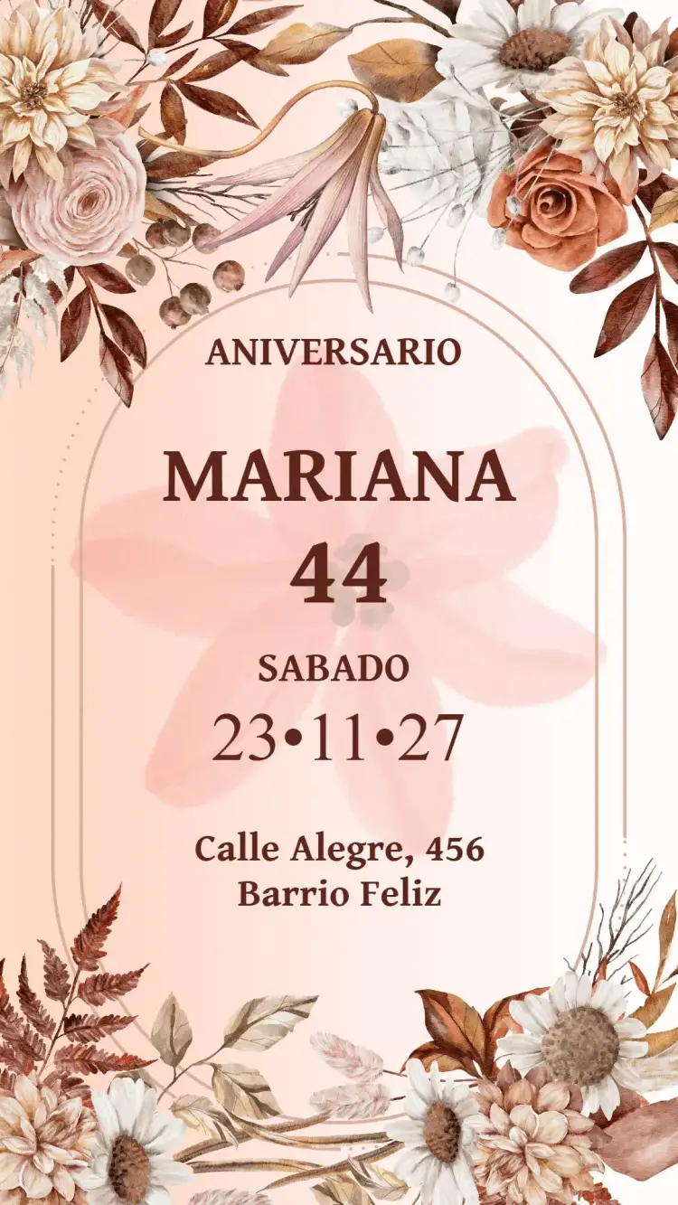 Invitación Floral Marrón – tema Cumpleaños floral, elegante, moderno, neutro, natural, sustentable