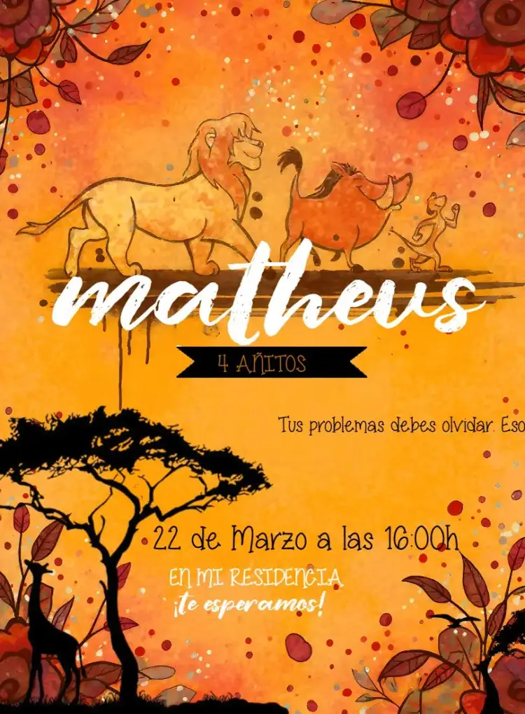 Invitación Rey León Timón – tema Cumpleaños Infantil colorido, animales de la sabana, aventura, divertido, temático