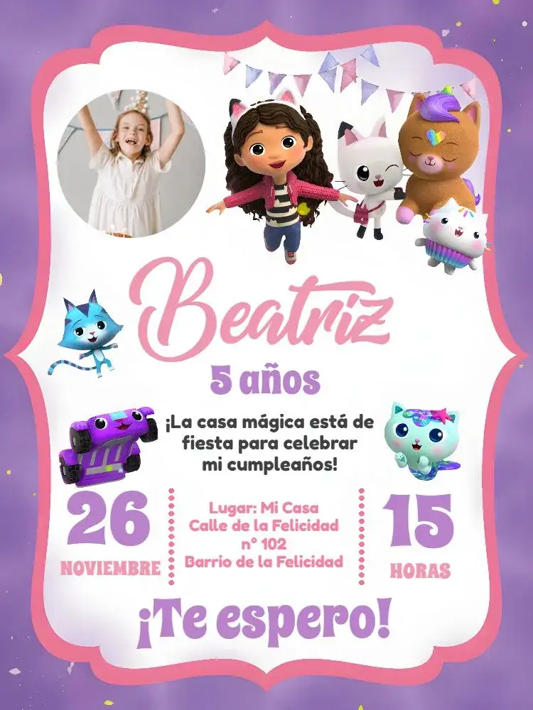 Invitación La Casa Mágica De Gabby Con Foto Blanco – tema Más buscados mágico, colorido, infantil, lúdico, divertido