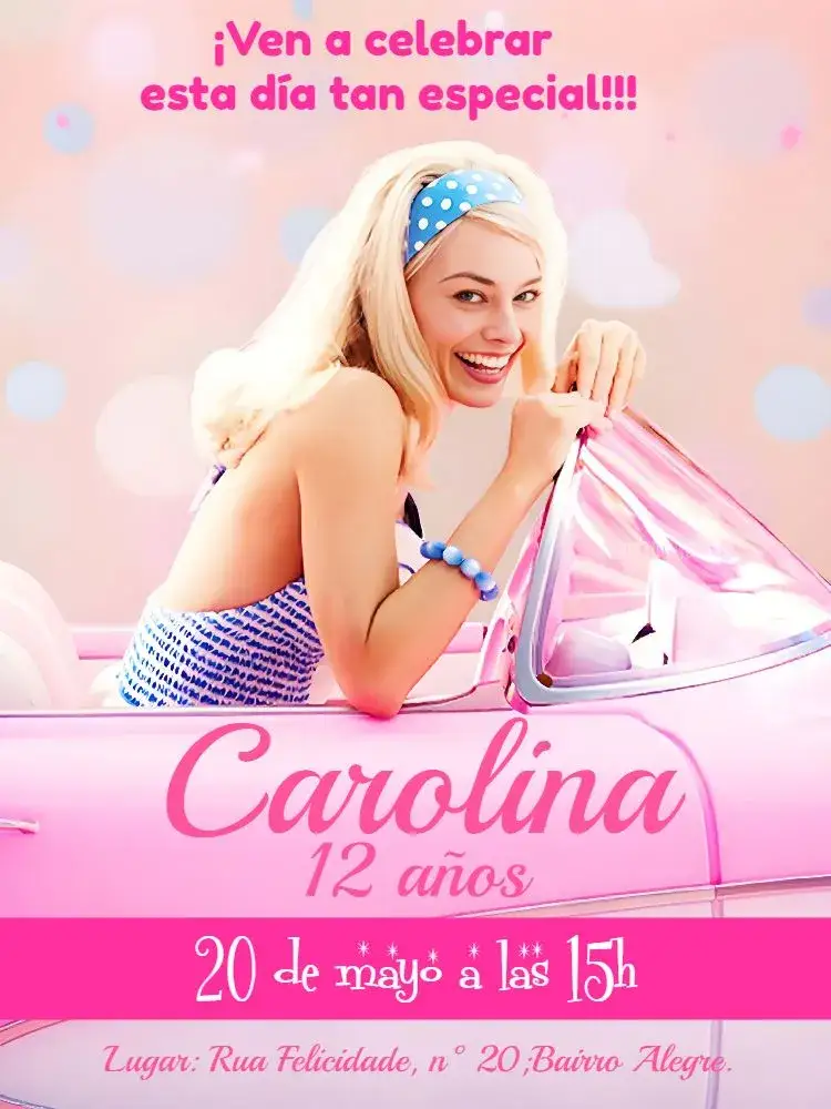 Invitación Barbie Nuevo – tema Fechas Conmemorativas rosa, brillante, lúdico, moderninho, divertido, femenino