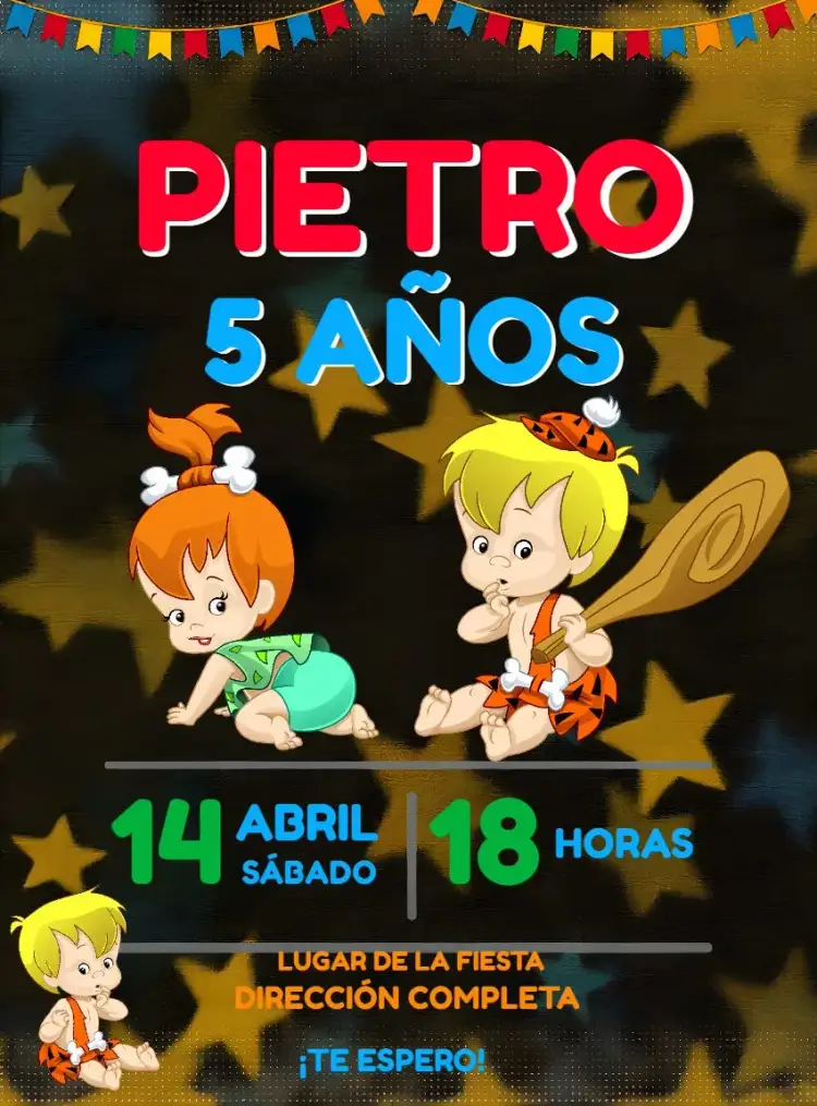 Invitación Bambam y Pedrita Picapiedra – tema Cumpleaños Infantil colorido, temático, divertido, infantil, vibrante, jovial