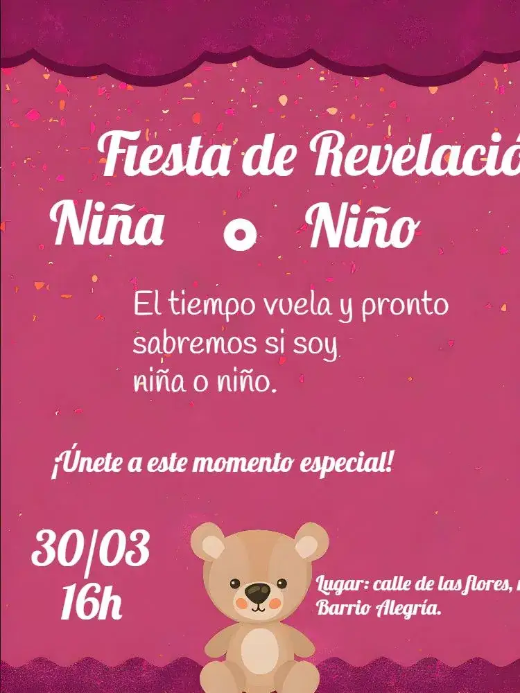 Invitación Baby Shower Revelación Osito Niño – tema Revelación Bebé oso, morado, negro, blanco, moderno, infantil