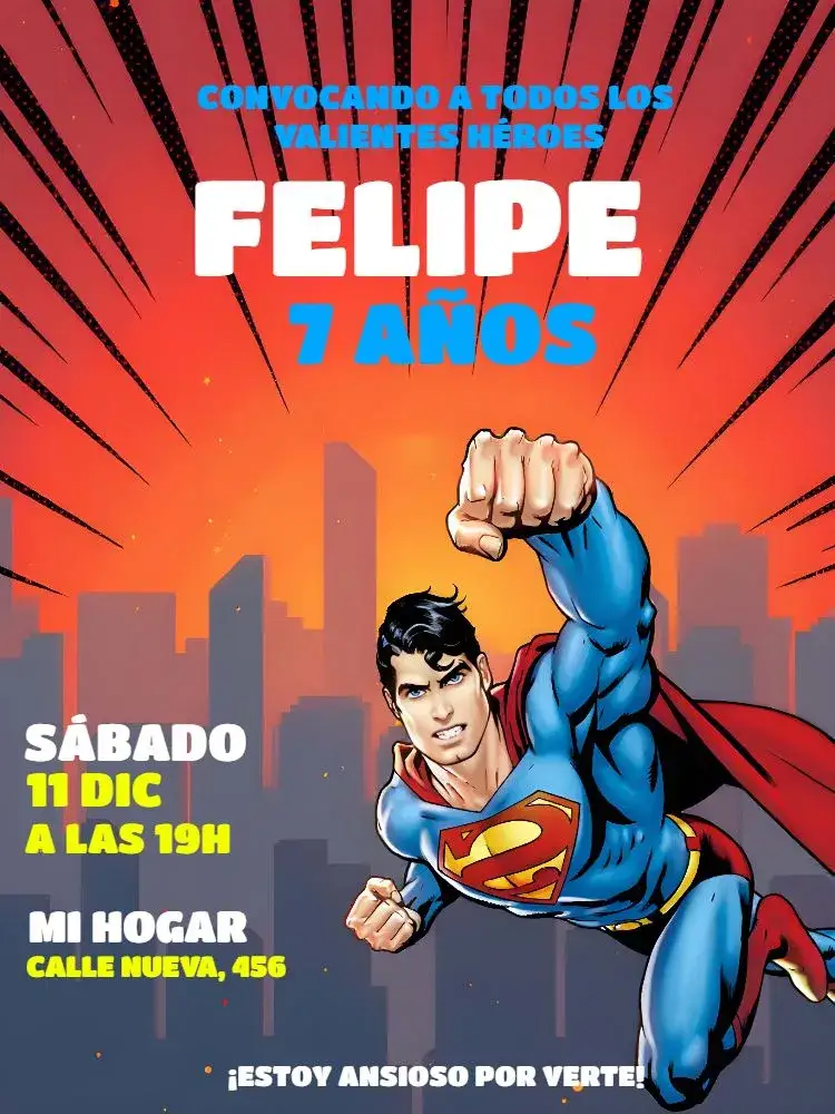 Invitación Superman Ciudad – tema Más buscados superhéroe, ciudad, colorido, moderno, juvenil, divertido