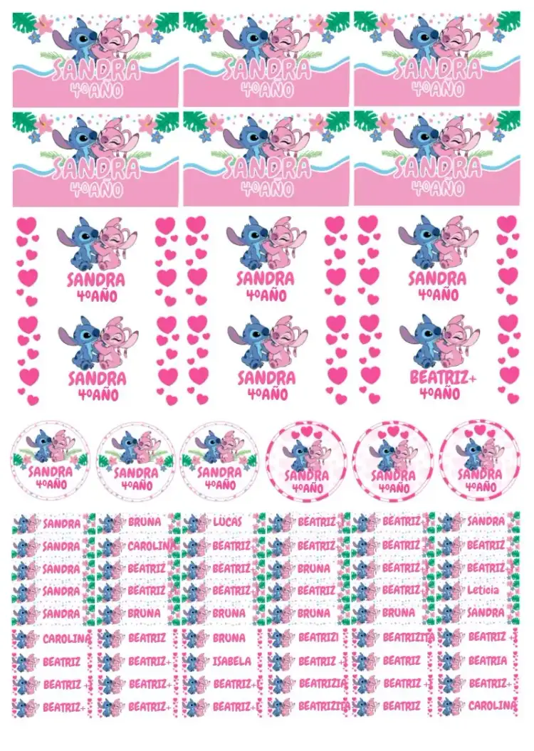 Etiqueta Escolar Stitch E Angel Rosa