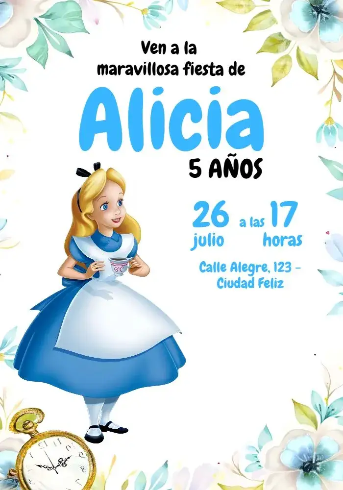 Invitación Alicia En El País De Las Maravillas Blanco – tema Fechas Conmemorativas fantasía, colorido, lúdico, infantil, vintage, ilustraciones