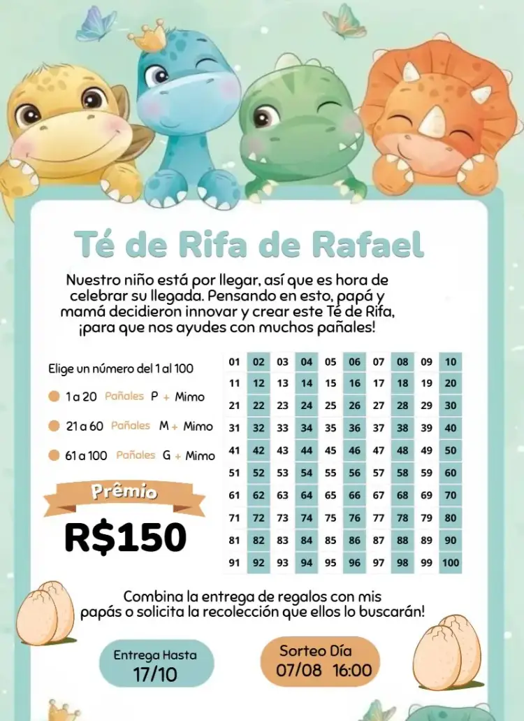 Invitación Dinosaurios Baby – tema Té Rifa colorido, animales, naturaleza, divertido, infantil, safari