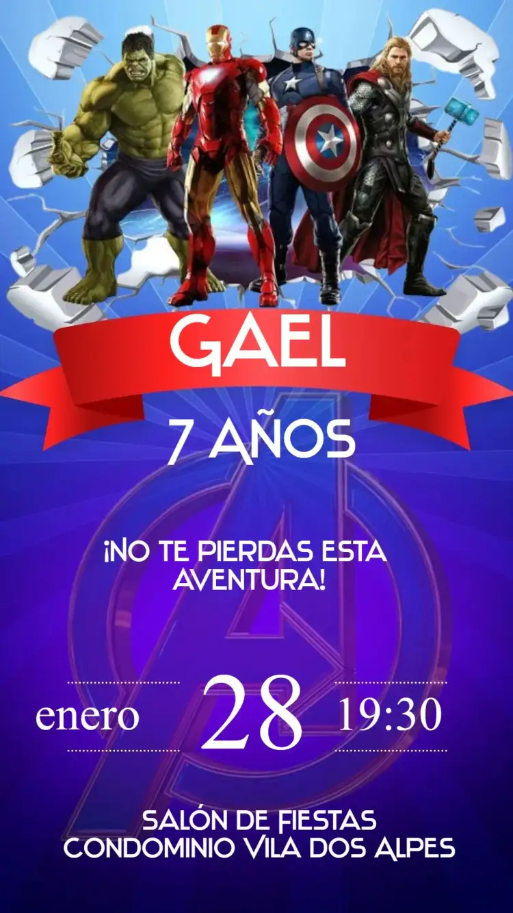 Invitación Los Vengadores – tema Cumpleaños Infantil colorido, moderno, dinámico, inspirado en cómics, jovial