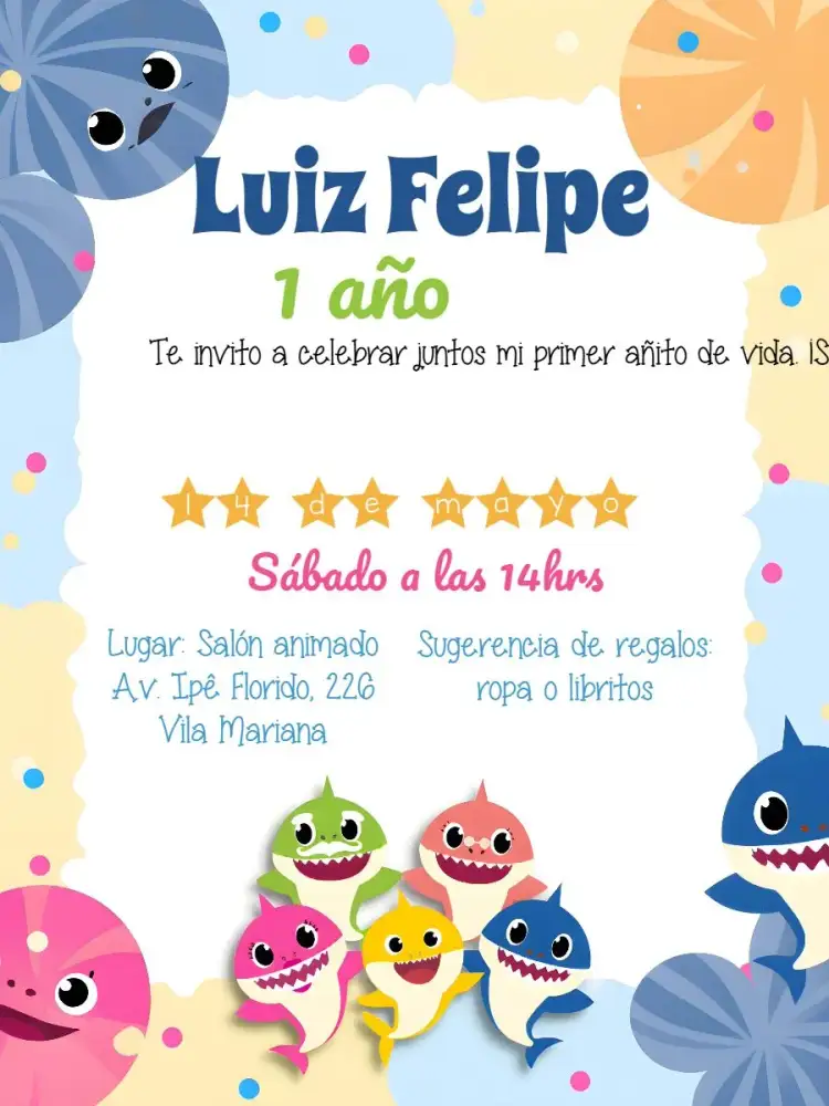 Invitación Baby Shark Colorido – tema Fechas Conmemorativas colorido, marinero, fondo marino, infantil, divertido