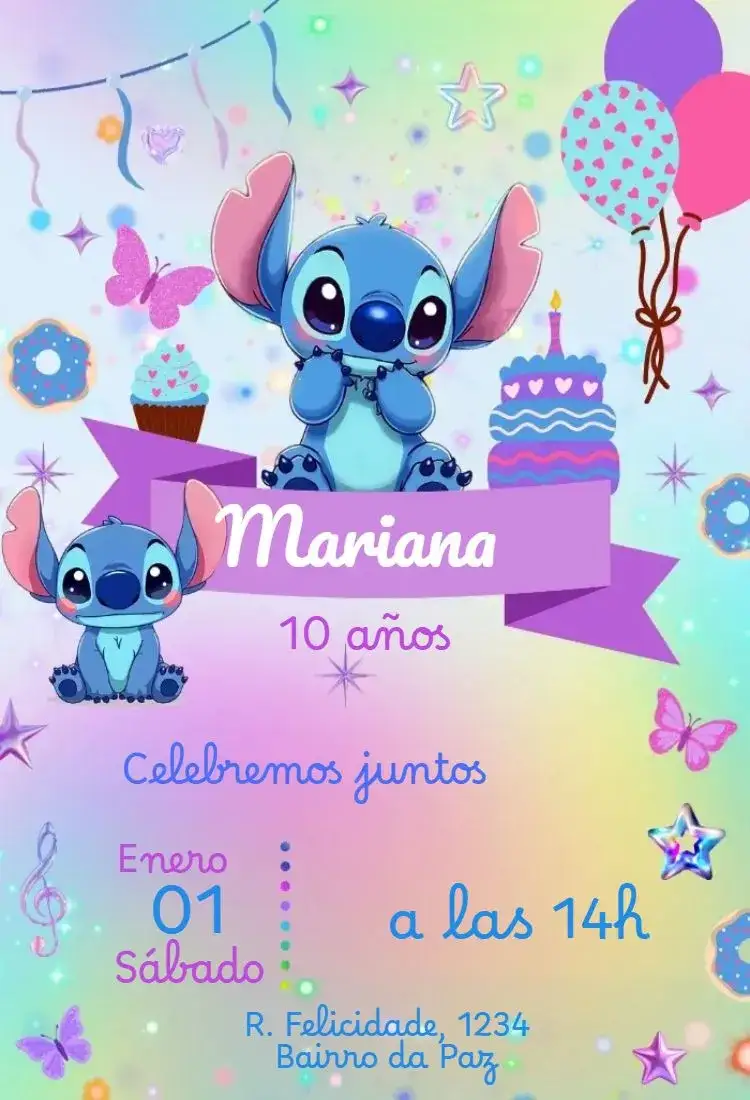 Invitación Stitch Pastel con Mariposas – tema Más buscados colorido, divertido, infantil, lúdico, temático, alegre