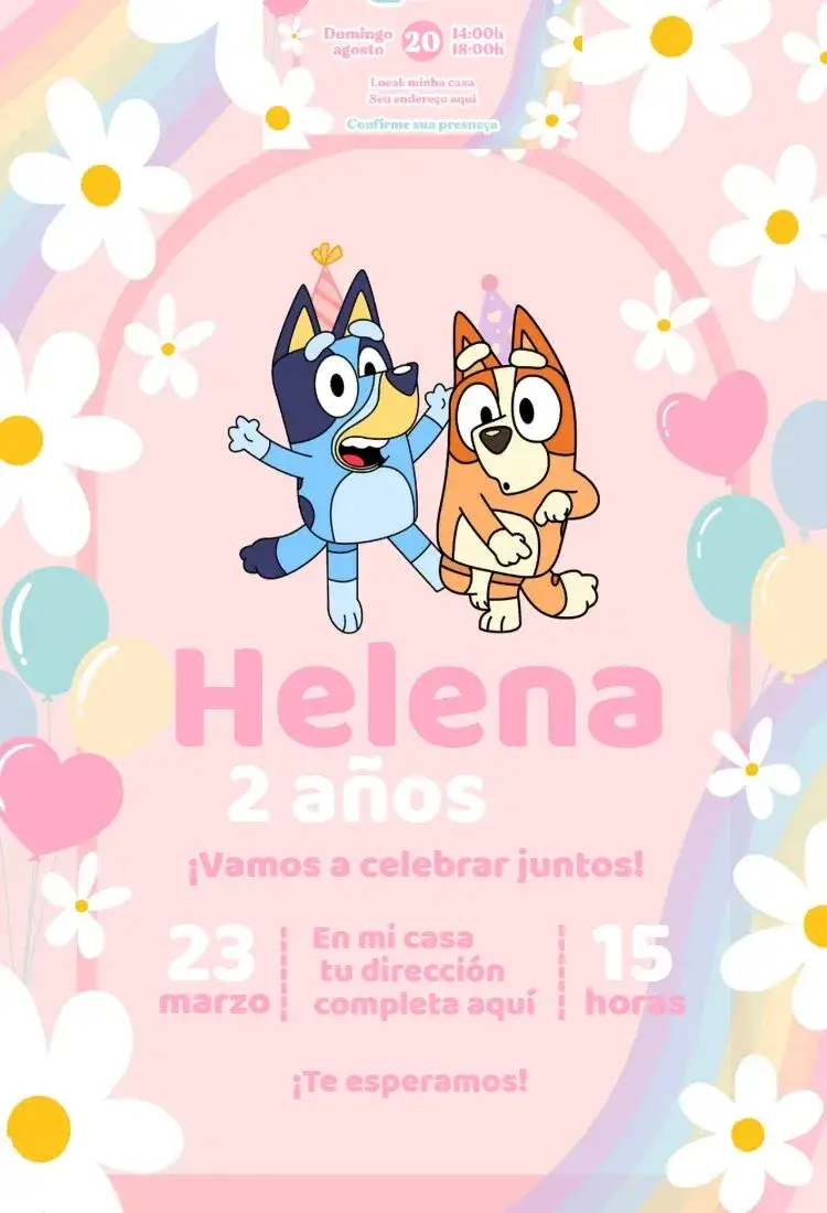 Invitación Bluey Chica 1 – tema Cumpleaños colores vibrantes, diseño lúdico, rosa, elementos gráficos infantiles, estilo divertido, inspirado en dibujos animados