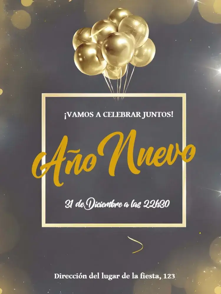 Invitación Celebración de Año Nuevo – tema Fechas Conmemorativas dorado, moderno, festivo, brillo, minimalista