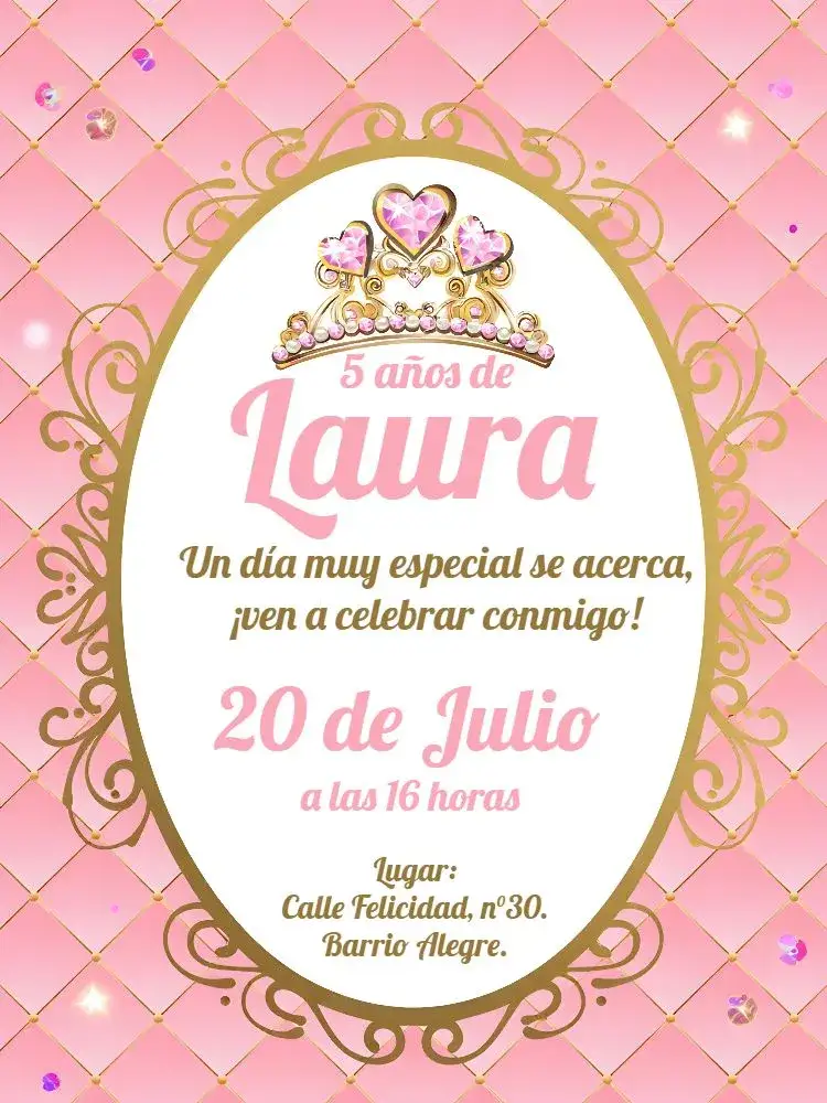 Invitación Tiara Real – tema Más buscados rosa, dorado, floral, realeza, princesa, mágico